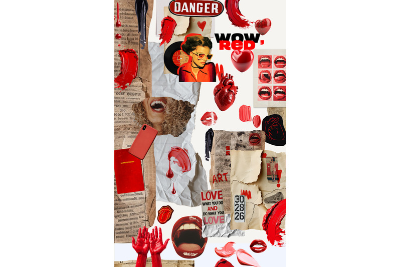 red-collage-cut-out-elements-mixed-media-set