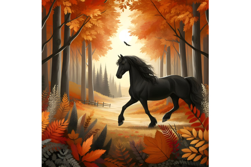 black-horse-in-autumn-colored-forest