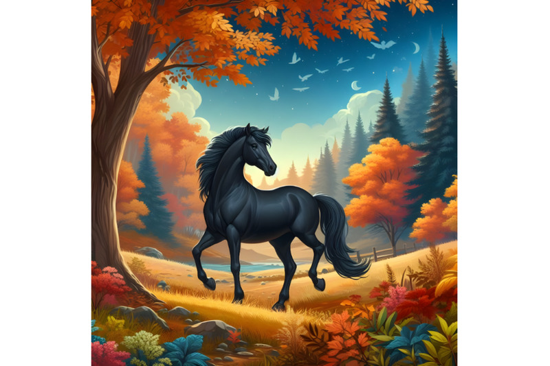 black-horse-in-autumn-colored-forest