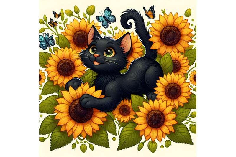 playful-black-cat-among-sunflowers