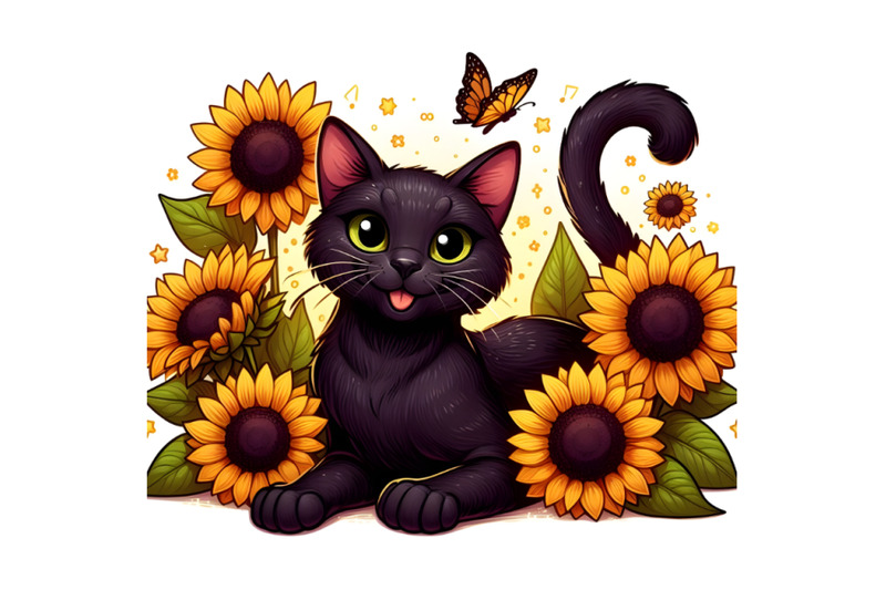 playful-black-cat-among-sunflowers