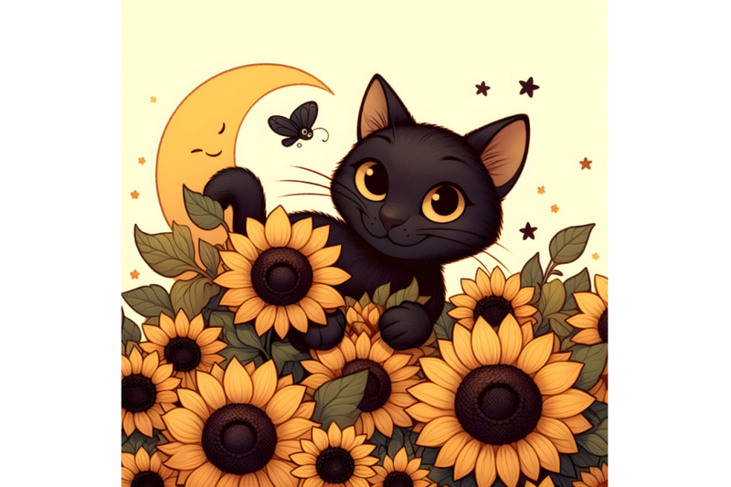 playful-black-cat-among-sunflowers