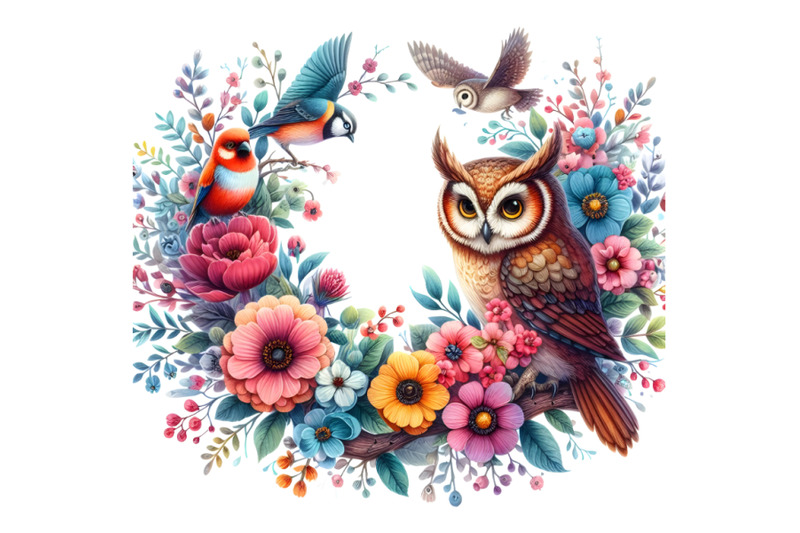 floral-frame-with-owl-and-birds