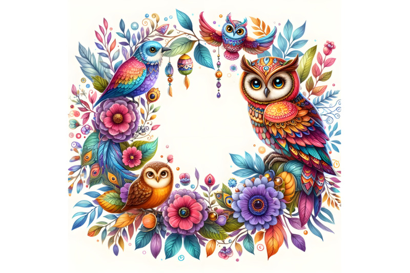 floral-frame-with-owl-and-birds