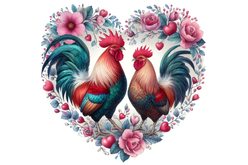 roosters-in-heart-shape