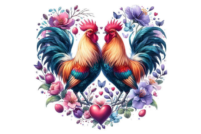 roosters-in-heart-shape