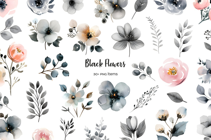 watercolor-black-flowers-clipart-black-beige-and-pink-flower-clipart