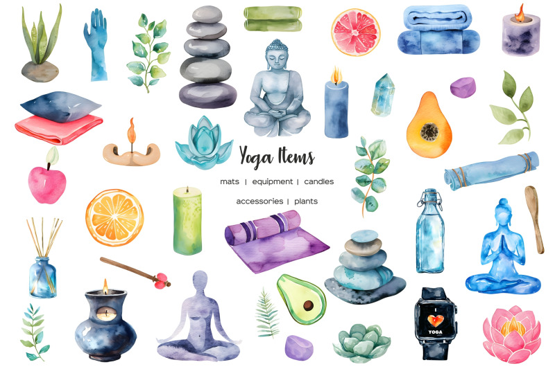 watercolor-yoga-items-clipart-colorful-yoga-equipment-female-yoga-clip-art-meditation-relax-png-yoga-items-health-selfcare-png