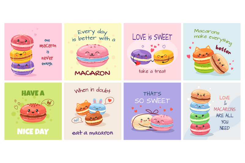 kawaii-macaron-cards-french-dessert-bakery-posters-with-cute-macarons