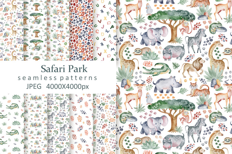 safari-park-watercolor-seamless-patterns