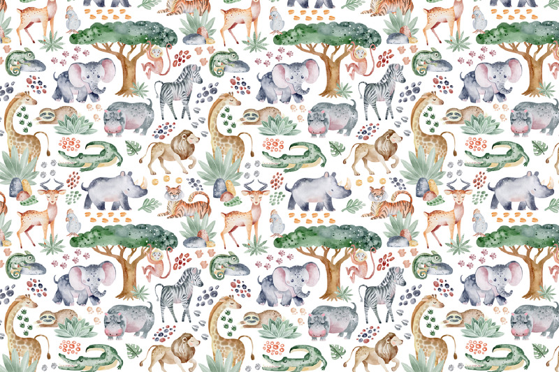 safari-park-watercolor-seamless-patterns