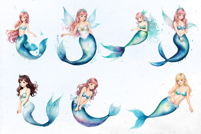 watercolor-mermaid-bundle-png-cliparts