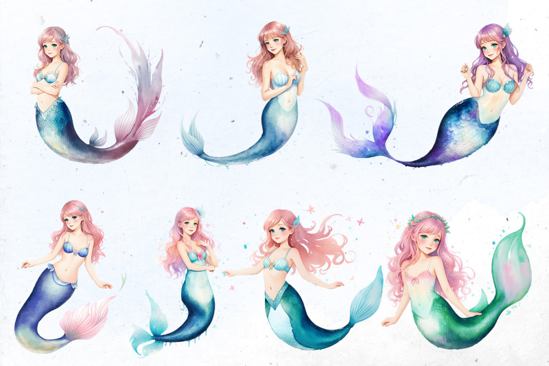 watercolor-mermaid-bundle-png-cliparts
