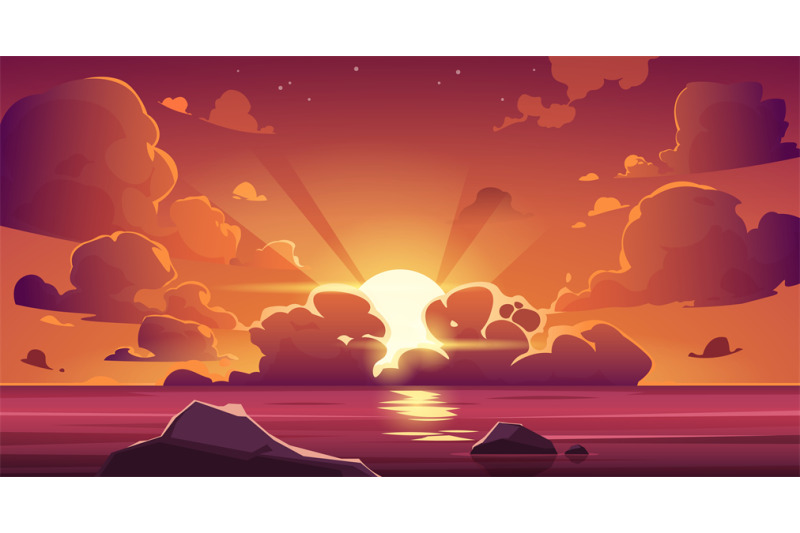 cartoon-sea-sunset-sky-ocean-beach-scenery-with-floating-purple-cloud