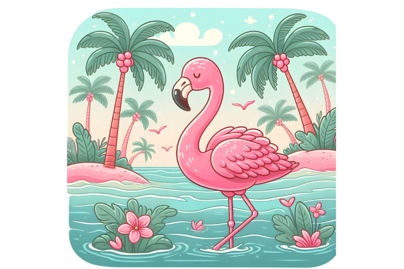 pink-flamingo-with-palm-trees