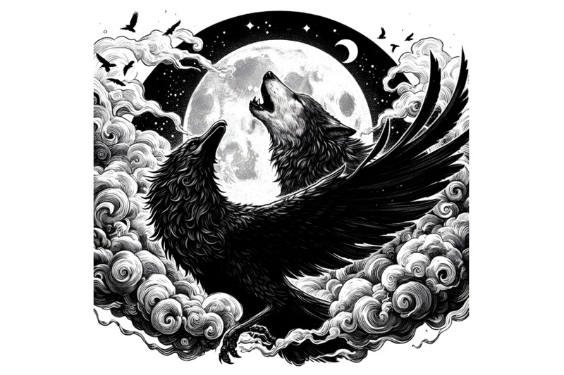 raven-and-wolf-that-howls-at-the-moon