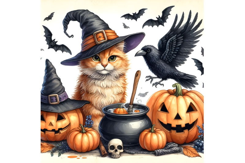 wizard-cat-raven-and-halloween-pumpkins