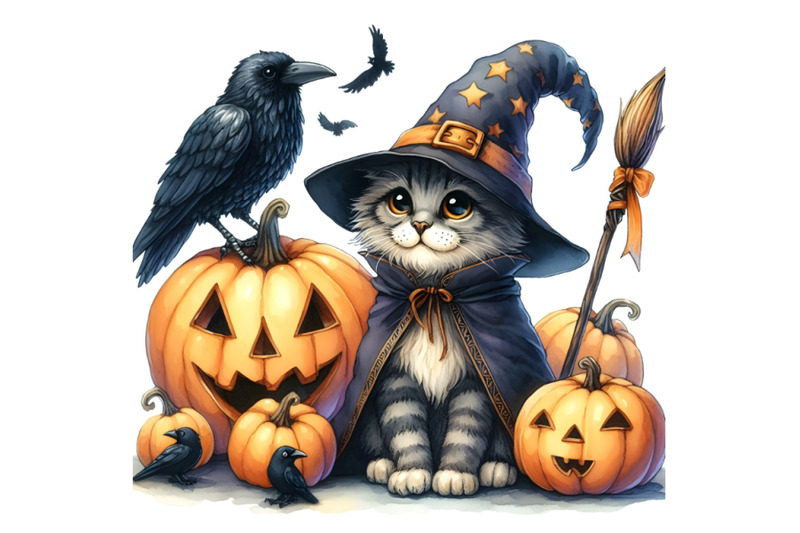 wizard-cat-raven-and-halloween-pumpkins