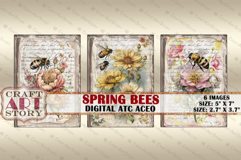 spring-bees-card-set-collage-insects-cards-atc-aceo