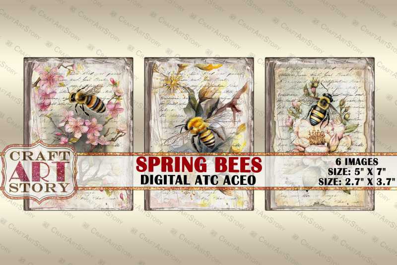 spring-bees-card-set-collage-insects-cards-atc-aceo