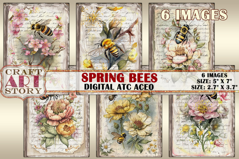 spring-bees-card-set-collage-insects-cards-atc-aceo