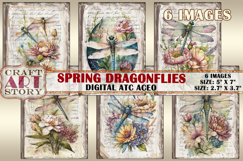 spring-dragonflies-card-set-collage-insects-cards-atc-aceo