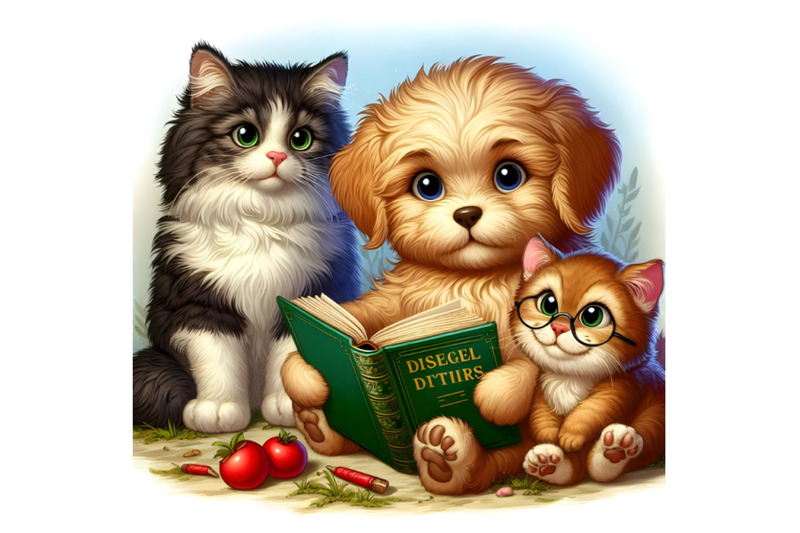 wo-shaggy-puppies-and-a-cunning-cat-reading-a-book