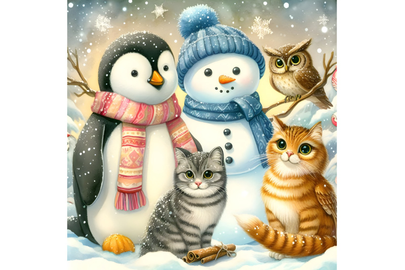 penguin-cat-owl-and-snowman-under-the-snow