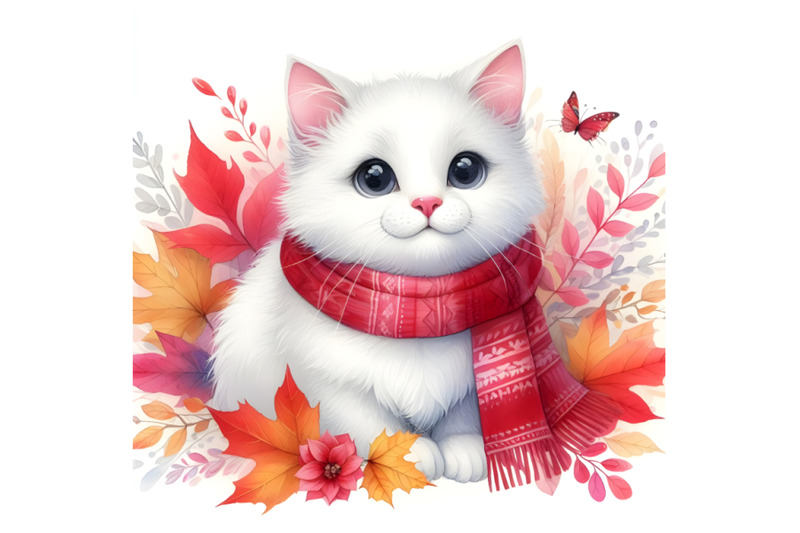 white-cat-in-a-red-scarf-surrounded-by-autumn-leaves