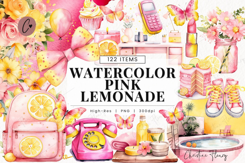 watercolor-pink-lemonade-clipart-bundle