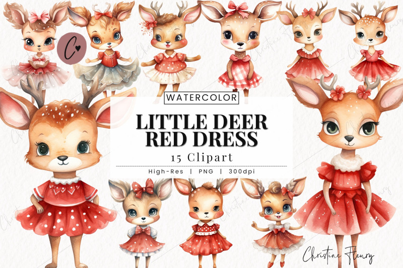 little-deer-red-dress-clipart