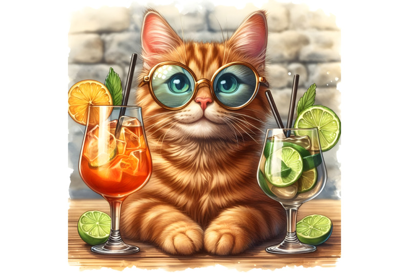 ginger-cat-in-glasses-drinks-a-cocktail