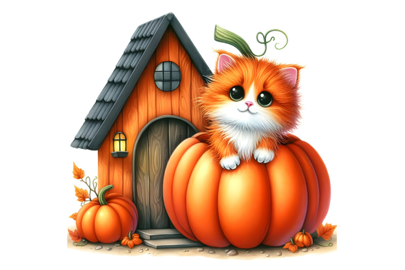 a-fluffy-red-kitten-peeks-out-of-a-pumpkin-house