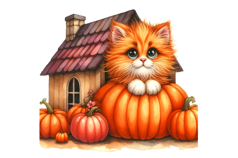 a-fluffy-red-kitten-peeks-out-of-a-pumpkin-house