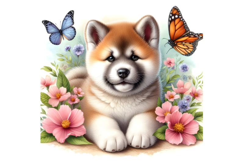 akita-inu-puppy-butterfly-and-flowers