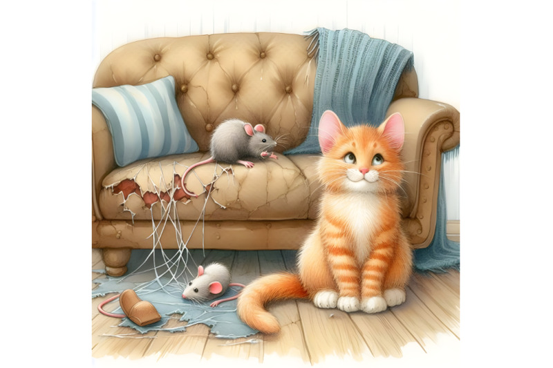 cat-scratched-sofa-and-a-little-mouse