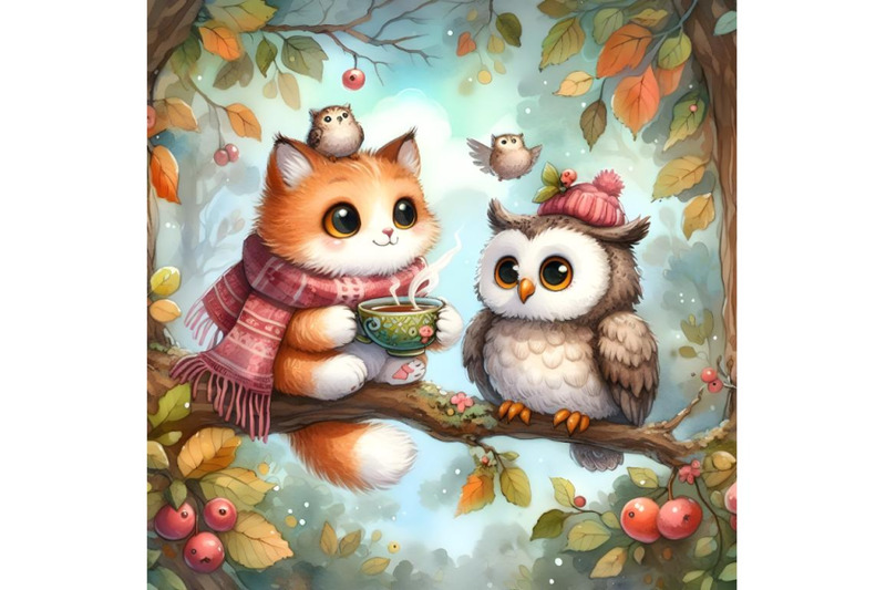 cat-and-owl-drink-tea-in-the-forest