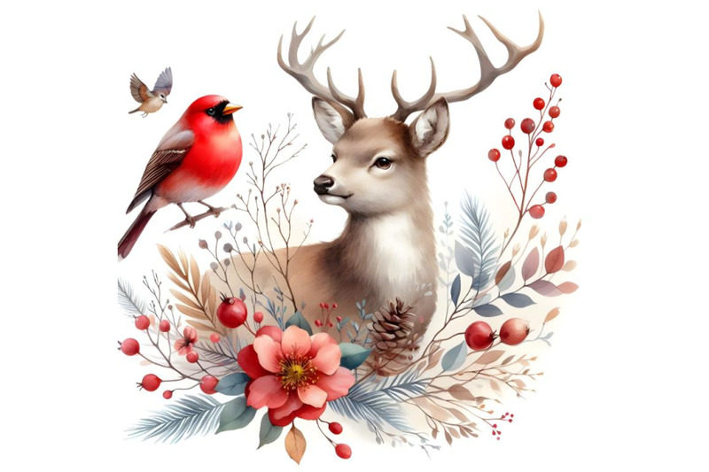 deer-red-bird-and-flowers