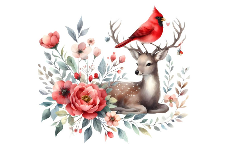 deer-red-bird-and-flowers