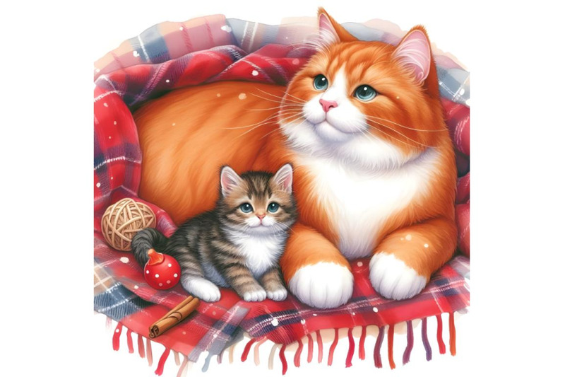 a-kitten-and-a-big-red-cat-on-a-plaid-blanket