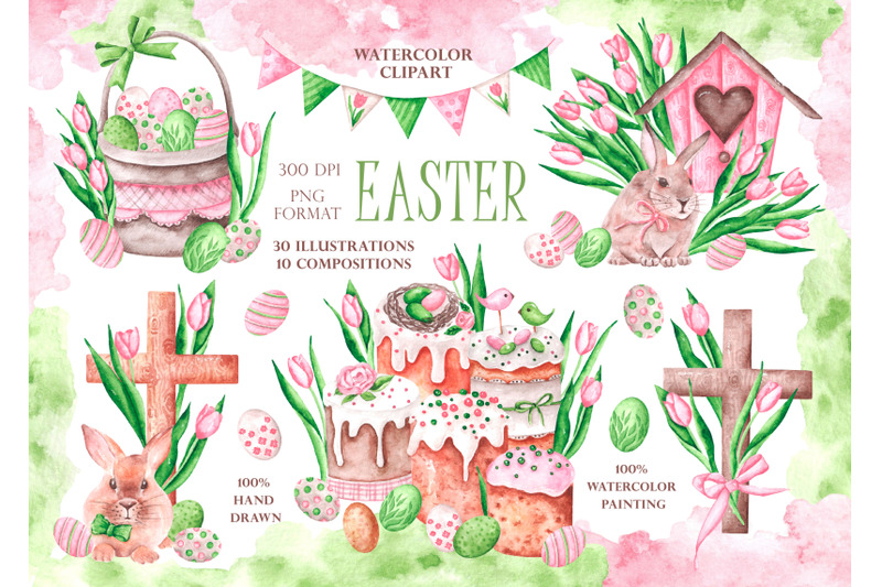 pink-easter-watercolor-clipart-easter-cake-bunny-egg