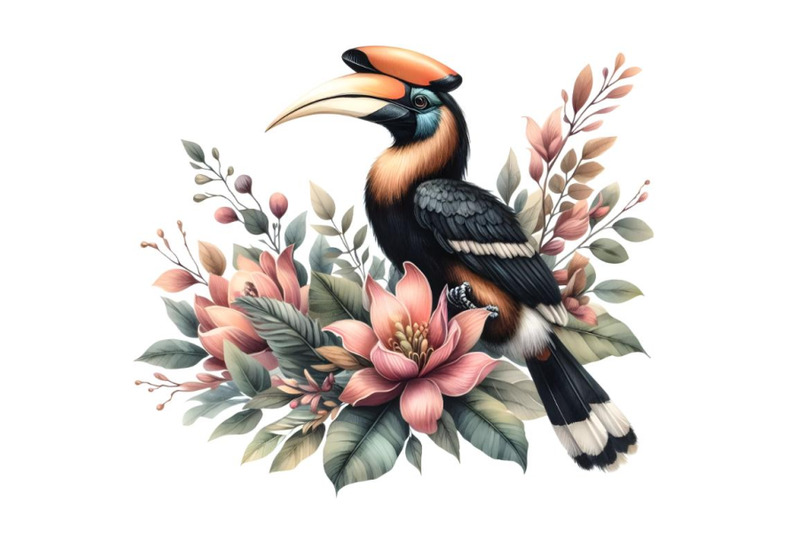 hornbill-sitting-and-flower