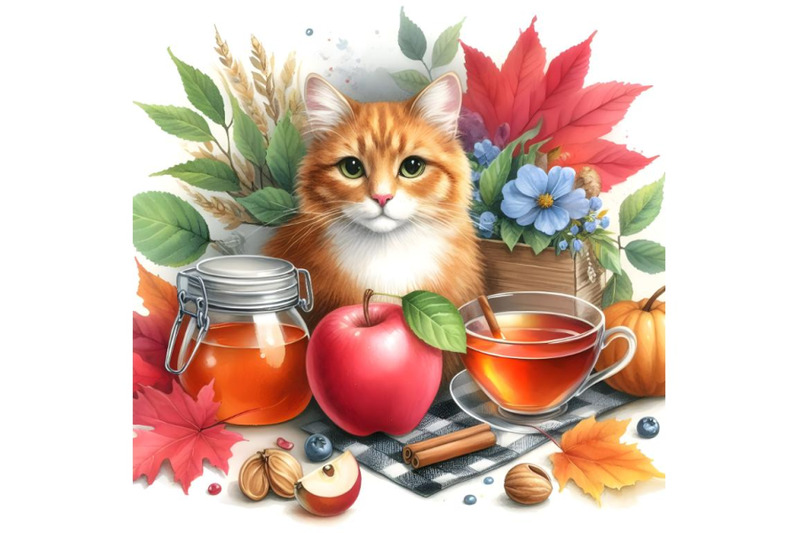 red-cat-tea-apple-and-autumn-leaves