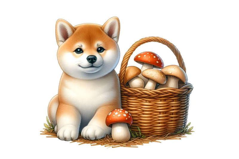 dog-shiba-inu-and-a-basket-of-mushrooms