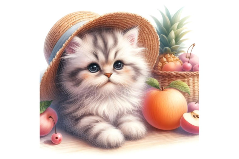 a-fluffy-kitten-and-a-hat-with-fruit