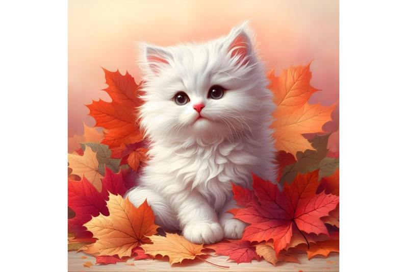 white-fluffy-kitten-in-autumn-leaves