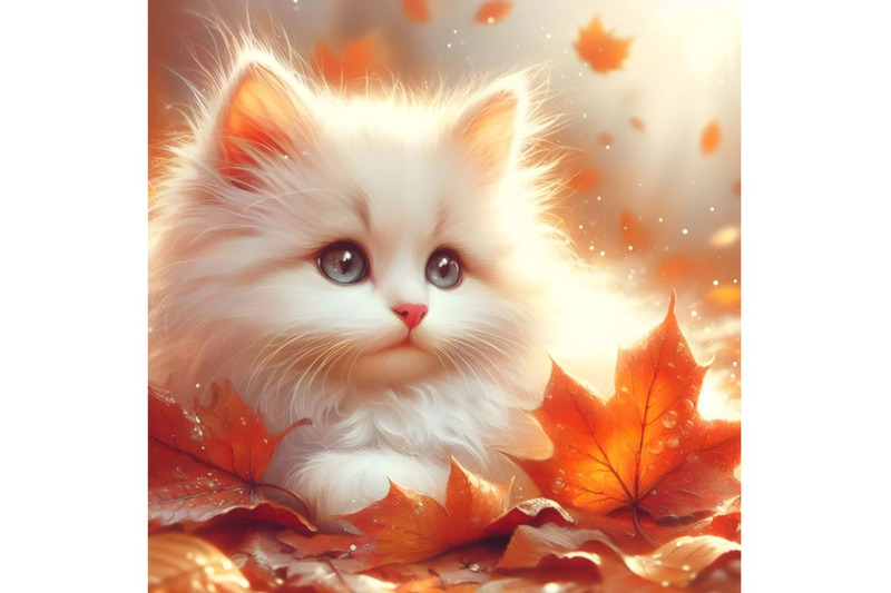 white-fluffy-kitten-in-autumn-leaves