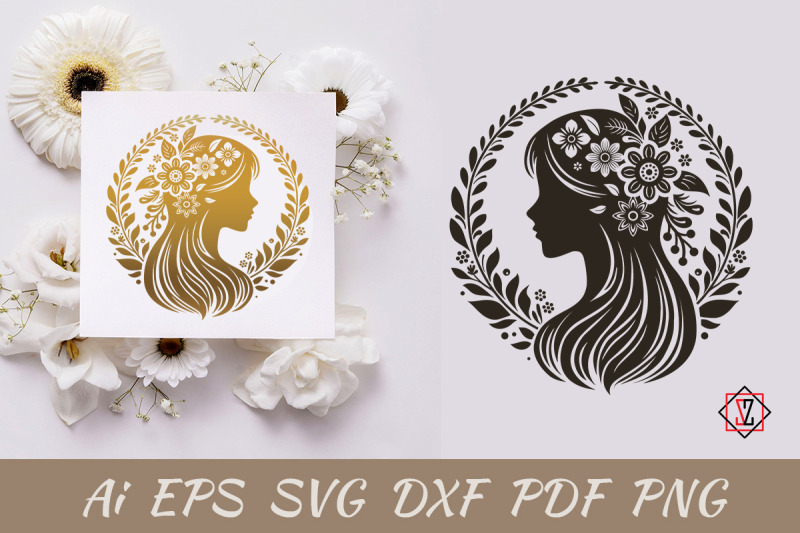 silhouette-of-a-girl-in-profile-wearing-a-wreath-vector