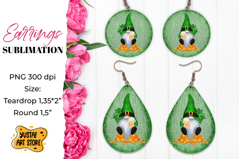 patrick-039-s-day-gnome-earrings-sublimation-teardrop-and-round