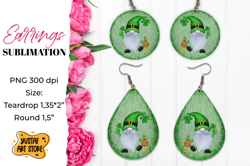 patrick-039-s-day-gnome-earrings-sublimation-teardrop-and-round